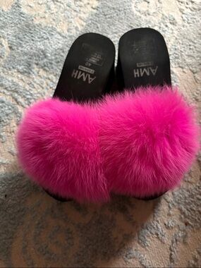 Pink Fur Wedge Slides - Plush Women's Wedges